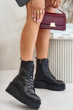 Skórzane Botki Workery Ocieplane Na Platformie I Koturnie Vinceza 58338 Czarne