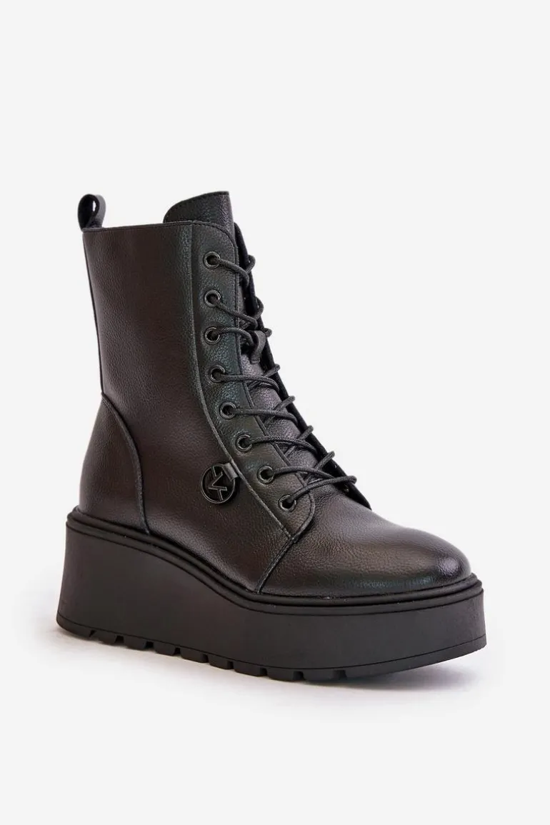 Skórzane Botki Workery Ocieplane Na Platformie I Koturnie Vinceza 58338 Czarne