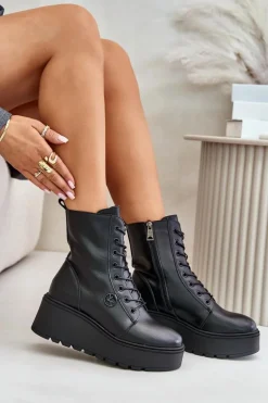 Skórzane Botki Workery Ocieplane Na Platformie I Koturnie Vinceza 58338 Czarne