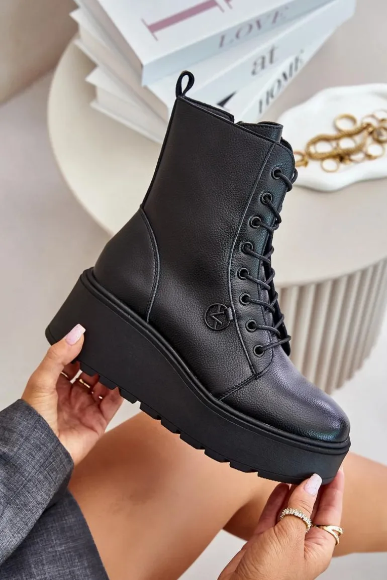 Skórzane Botki Workery Ocieplane Na Platformie I Koturnie Vinceza 58338 Czarne