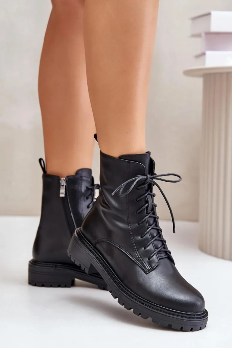 Skórzane Botki Workery Ocieplane Na Zamek Czarne Elosie