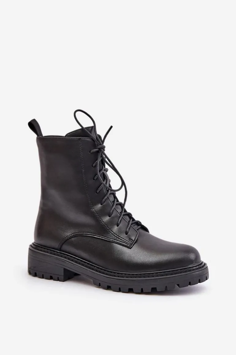 Skórzane Botki Workery Ocieplane Na Zamek Czarne Elosie