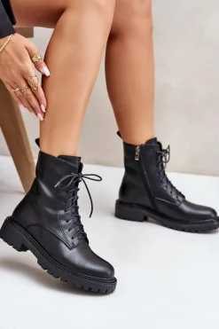 Skórzane Botki Workery Ocieplane Na Zamek Czarne Elosie