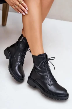 Skórzane Botki Workery Ocieplane Na Zamek Czarne Elosie
