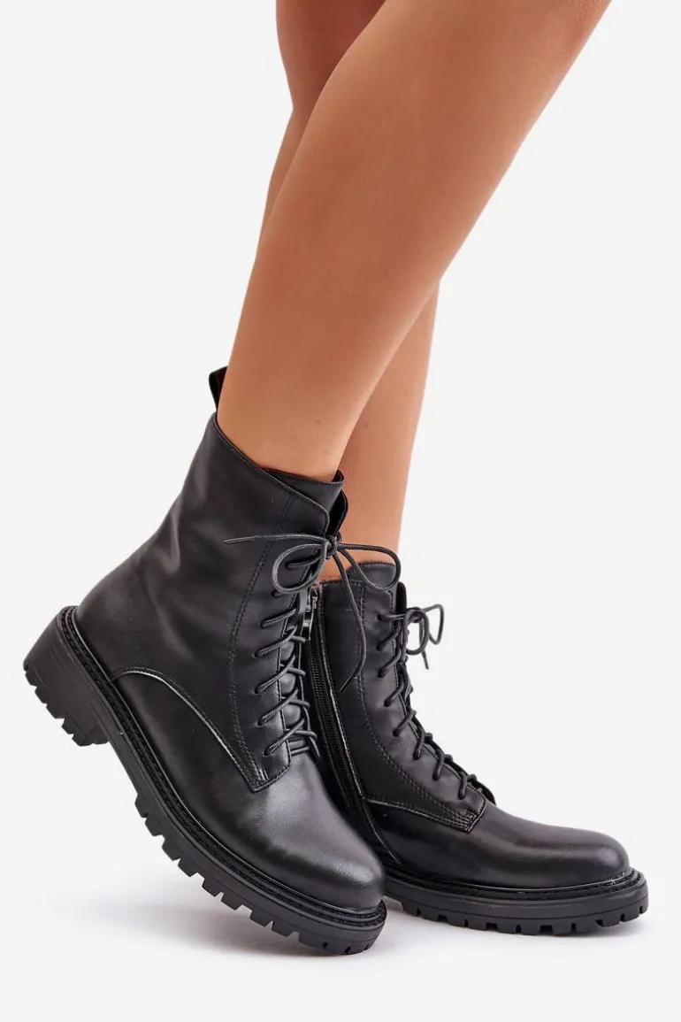 Skórzane Botki Workery Ocieplane Na Zamek Czarne Elosie