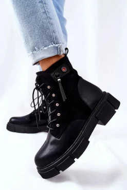 Skórzane Botki Workery Wiązane Czarne Your Way!