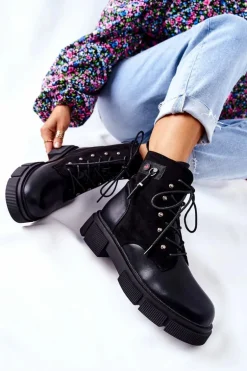 Skórzane Botki Workery Wiązane Czarne Your Way!