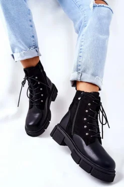 Skórzane Botki Workery Wiązane Czarne Your Way!