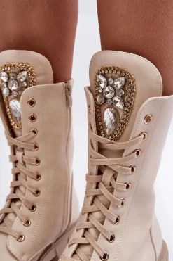 Skórzane Botki Workery Z Biżuteryjną Ozdobą Beżowe Marx