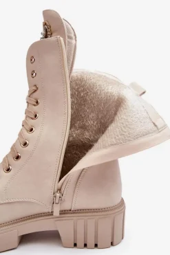 Skórzane Botki Workery Z Biżuteryjną Ozdobą Beżowe Marx