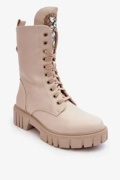 Skórzane Botki Workery Z Biżuteryjną Ozdobą Beżowe Marx