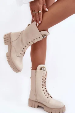 Skórzane Botki Workery Z Biżuteryjną Ozdobą Beżowe Marx