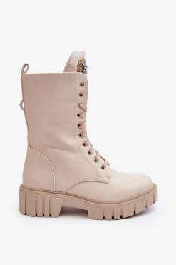 Skórzane Botki Workery Z Biżuteryjną Ozdobą Beżowe Marx