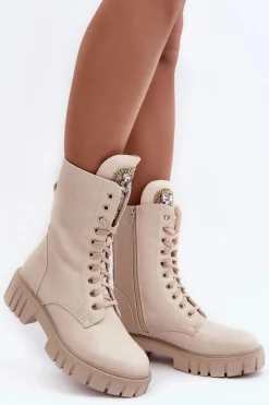 Skórzane Botki Workery Z Biżuteryjną Ozdobą Beżowe Marx
