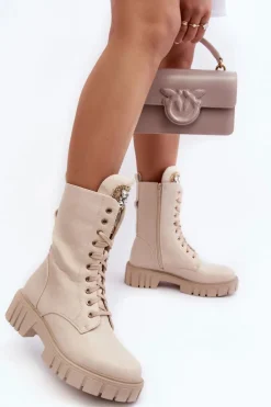 Skórzane Botki Workery Z Biżuteryjną Ozdobą Beżowe Marx