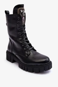 Skórzane Botki Workery Z Biżuteryjną Ozdobą Czarne Marx