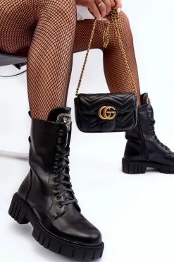 Skórzane Botki Workery Z Biżuteryjną Ozdobą Czarne Marx