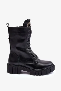 Skórzane Botki Workery Z Biżuteryjną Ozdobą Czarne Marx