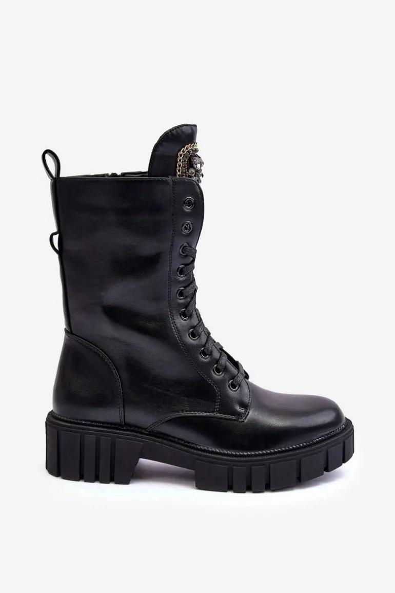 Skórzane Botki Workery Z Biżuteryjną Ozdobą Czarne Marx