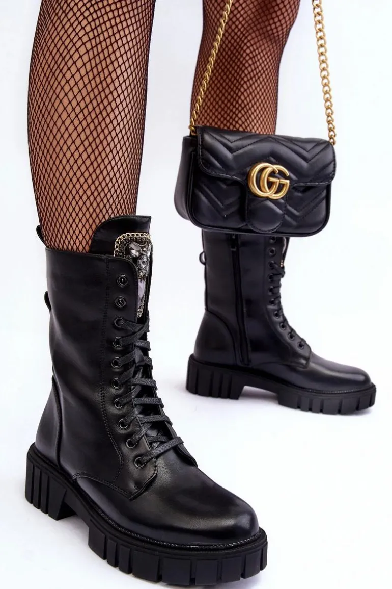 Skórzane Botki Workery Z Biżuteryjną Ozdobą Czarne Marx