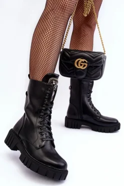 Skórzane Botki Workery Z Biżuteryjną Ozdobą Czarne Marx