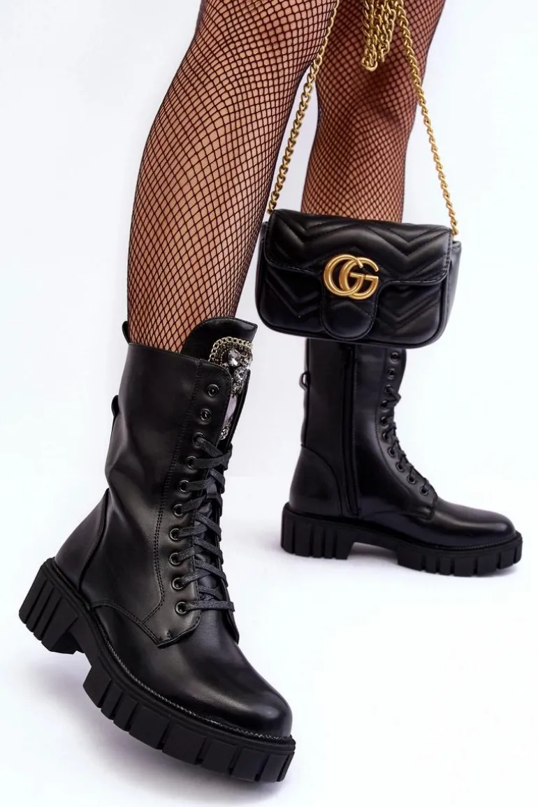 Skórzane Botki Workery Z Biżuteryjną Ozdobą Czarne Marx