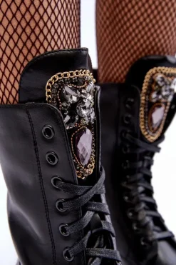 Skórzane Botki Workery Z Biżuteryjną Ozdobą Czarne Marx