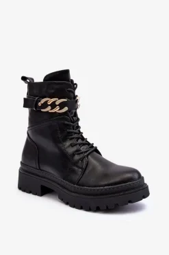 Skórzane Botki Workery Z Ozdobnym Paskiem Czarne Enili