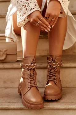 Skórzane Botki Workery Z Ozdobnym Paskiem Brązowe Enili