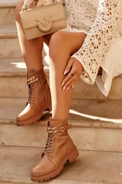 Skórzane Botki Workery Z Ozdobnym Paskiem Brązowe Enili