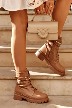 Skórzane Botki Workery Z Ozdobnym Paskiem Brązowe Enili