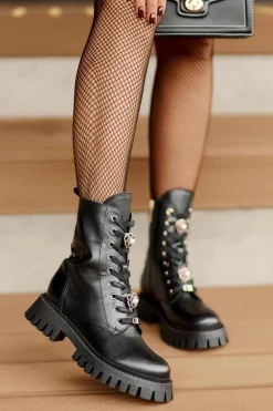 Skórzane Botki Workery Z Przypinkami Na Zamek CheBello 4553 Czarne