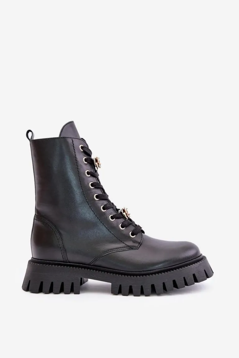 Skórzane Botki Workery Z Przypinkami Na Zamek CheBello 4553 Czarne