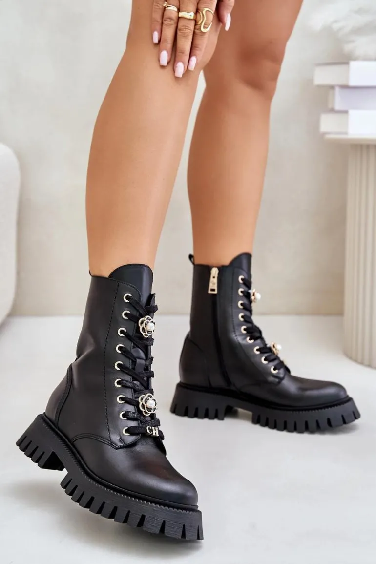 Skórzane Botki Workery Z Przypinkami Na Zamek CheBello 4553 Czarne