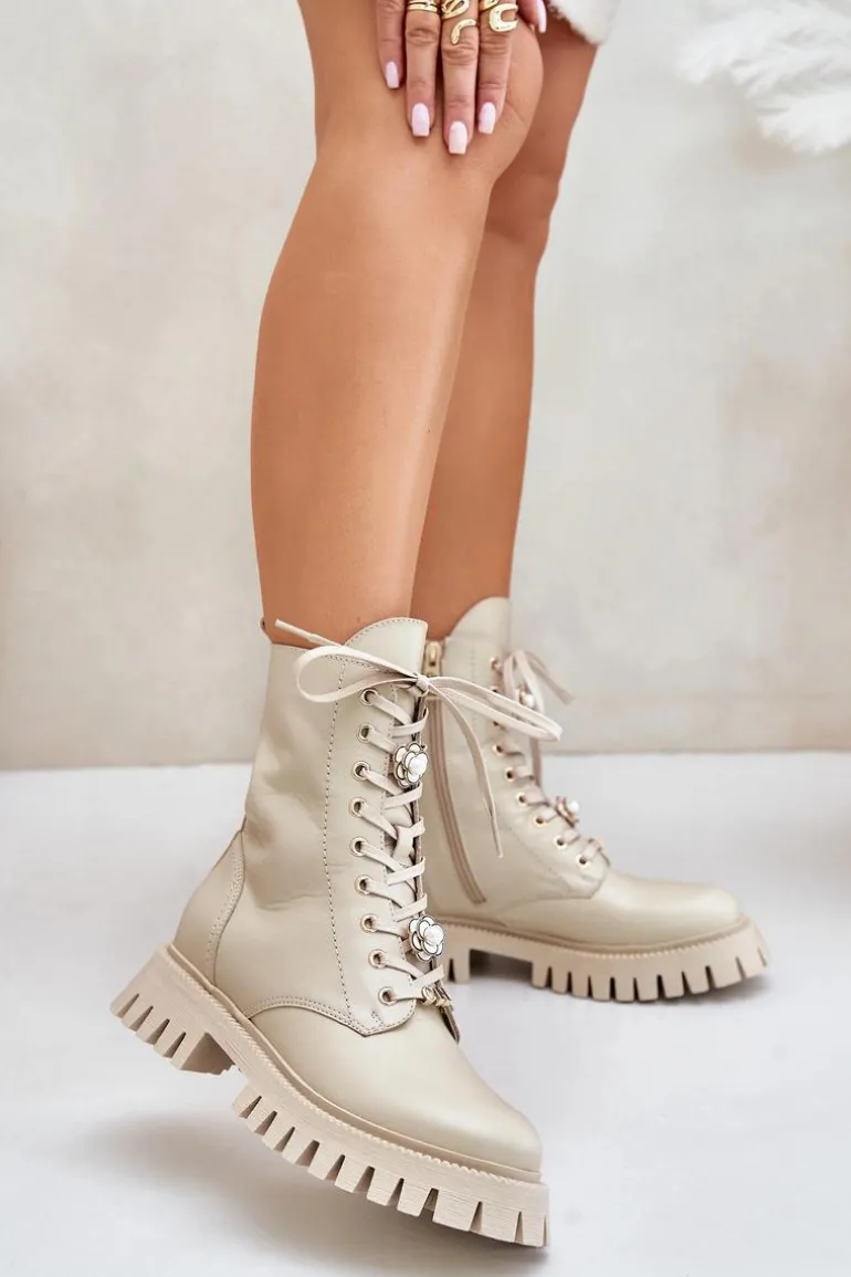 Skórzane Botki Workery Z Przypinkami Na Zamek CheBello 4553 Beżowe