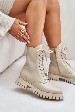 Skórzane Botki Workery Z Przypinkami Na Zamek CheBello 4553 Beżowe