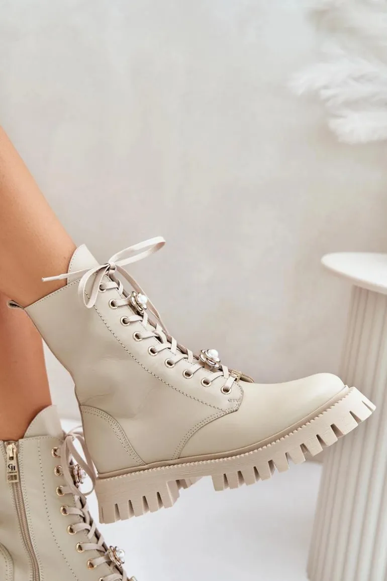 Skórzane Botki Workery Z Przypinkami Na Zamek CheBello 4553 Beżowe