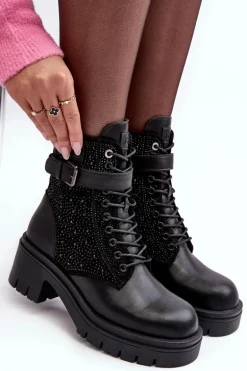 Skórzane Botki Workery Zdobione Dżetami GOE MM2N4041 Czarne