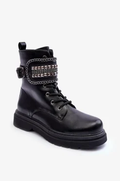 Skórzane Botki Workery Zdobione Ćwiekami Czarne Kongei