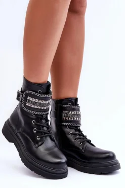 Skórzane Botki Workery Zdobione Ćwiekami Czarne Kongei