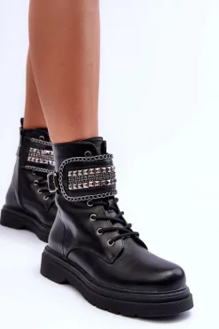 Skórzane Botki Workery Zdobione Ćwiekami Czarne Kongei