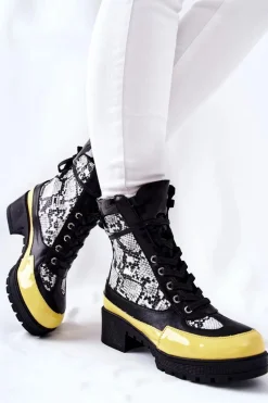 Skórzane Botki Wężowe Czarno-Żółte Meridiah