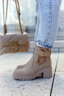 Skórzane Botki Wycięcie Pasek Ciemnobeżowe Rosanne