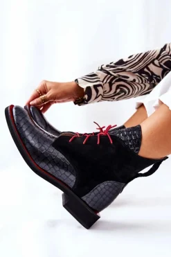 Skórzane Botki Wzór Aligatora Czarne Laorelia