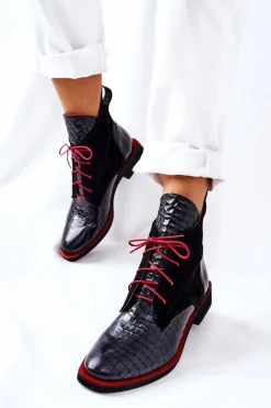 Skórzane Botki Wzór Aligatora Czarne Laorelia