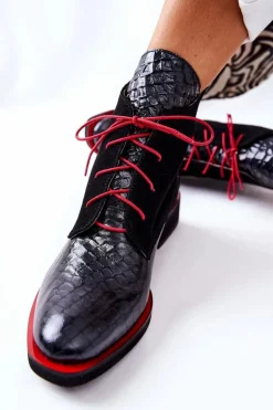 Skórzane Botki Wzór Aligatora Czarne Laorelia