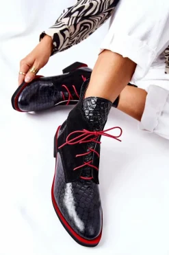 Skórzane Botki Wzór Aligatora Czarne Laorelia