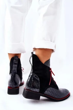 Skórzane Botki Wzór Aligatora Czarne Laorelia