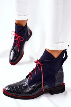 Skórzane Botki Wzór Aligatora Granatowe Bruselle