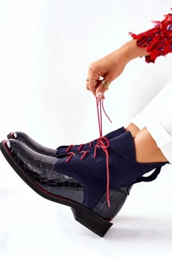 Skórzane Botki Wzór Aligatora Granatowe Bruselle